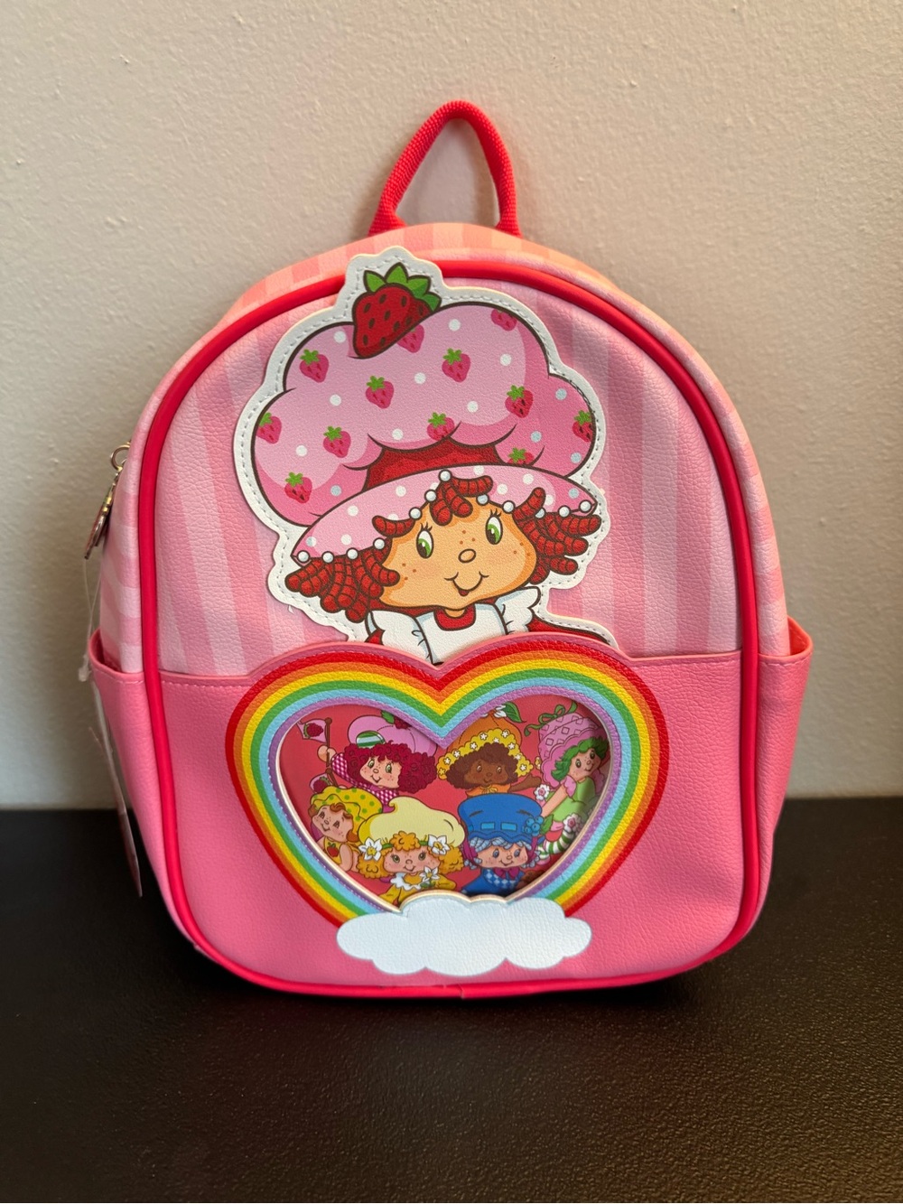 Pink Strawberry Character Kids Backpack with Rainbow Heart